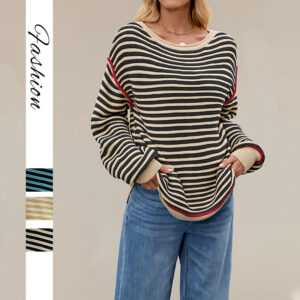 Women’s Striped Knit Round Neck Loose Sweater