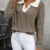Women's Lapel Long Sleeve Contrast Color Knitted Sweater - Image 9