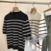 Women's Striped Knitted Short Sleeve Round Neck - Image 4