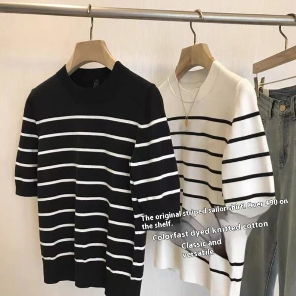 Women's Striped Knitted Short Sleeve Round Neck 4 392020ad 630f 47a3 b38f db961edad959