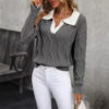 Women's Lapel Long Sleeve Contrast Color Knitted Sweater - Image 2