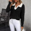 Women's Lapel Long Sleeve Contrast Color Knitted Sweater - Image 4