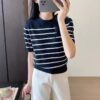 Women's Striped Knitted Short Sleeve Round Neck - Image 3