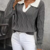 Women's Lapel Long Sleeve Contrast Color Knitted Sweater - Image 7