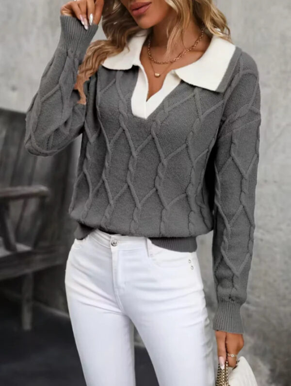 Women's Lapel Long Sleeve Contrast Color Knitted Sweater 7 83630779 0a0d 428e bda8 b99e5122180a