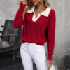 Women's Lapel Long Sleeve Contrast Color Knitted Sweater - Image 3