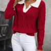 Women's Lapel Long Sleeve Contrast Color Knitted Sweater - Image 10