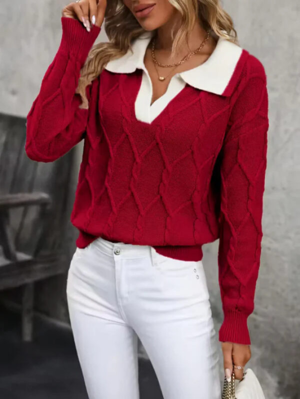 Women's Lapel Long Sleeve Contrast Color Knitted Sweater 10 907dd8c7 a558 44a9 84cd f043f7093a0b