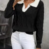 Women's Lapel Long Sleeve Contrast Color Knitted Sweater - Image 8