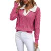 Women's Lapel Long Sleeve Contrast Color Knitted Sweater - Image 5