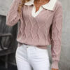 Women's Lapel Long Sleeve Contrast Color Knitted Sweater - Image 6