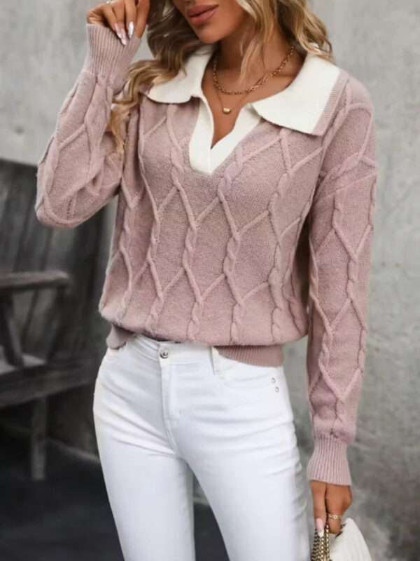 Women's Lapel Long Sleeve Contrast Color Knitted Sweater 6 d186634f 884b 4e0d b8b3 59eaff2d81f5